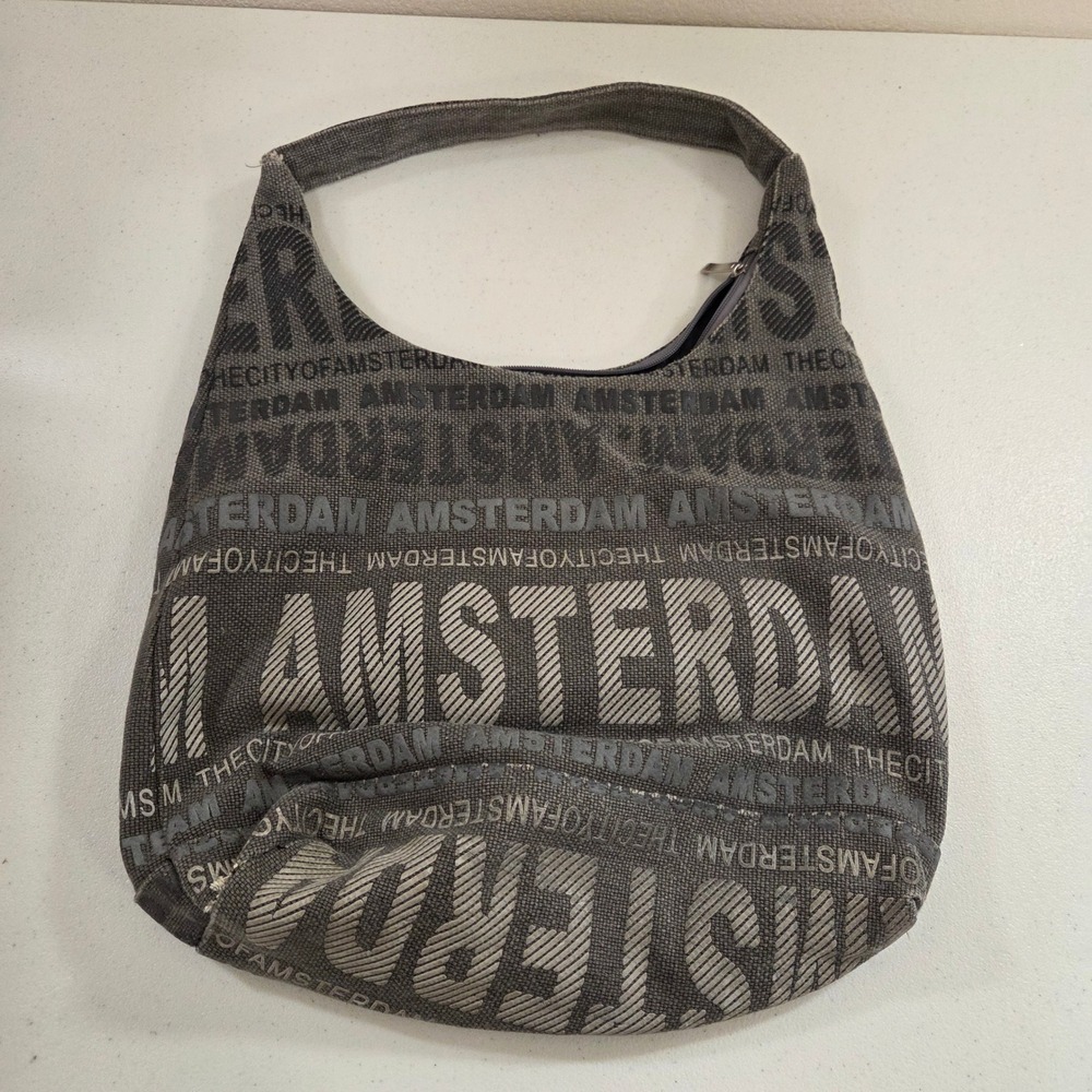 Robin Ruth Amsterdam Canvas Hobo Shoulder Bag Gray Logo Print Souvenir Bag